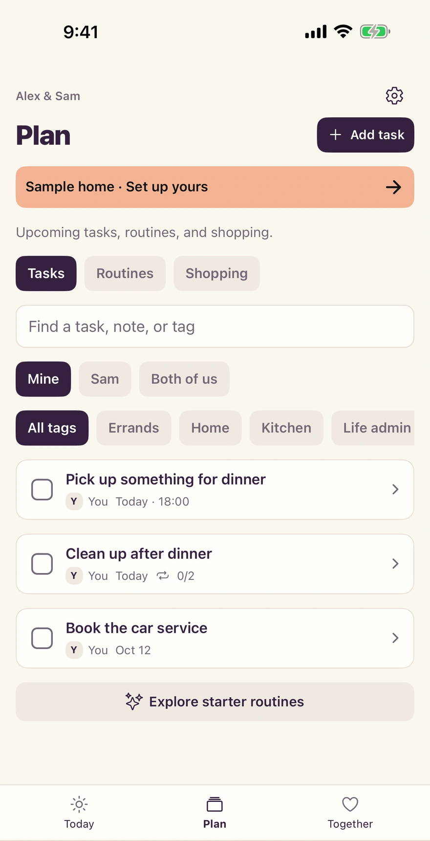I Told You's Plan view with tasks for the fictional Alex and Sam sample household.