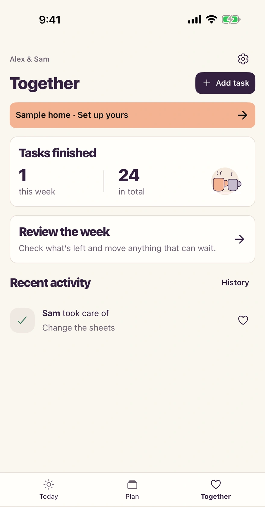 I Told You's Together view with completed tasks and recent activity for the fictional Alex and Sam household.